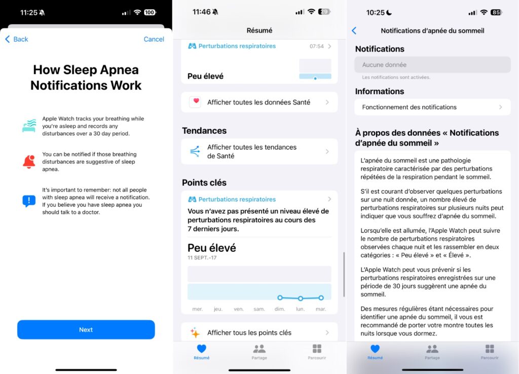 Étrangement, les données mesurées par l'Apple Watch ne sont accessibles que depuis l'application Santé sur iPhone. L'application Sommeil sur Watch ne permet pas de les consulter. Étrangement, les données mesurées par l'Apple Watch ne sont accessibles que depuis l'application Santé sur iPhone. L'application Sommeil sur Watch ne permet pas de les consulter.