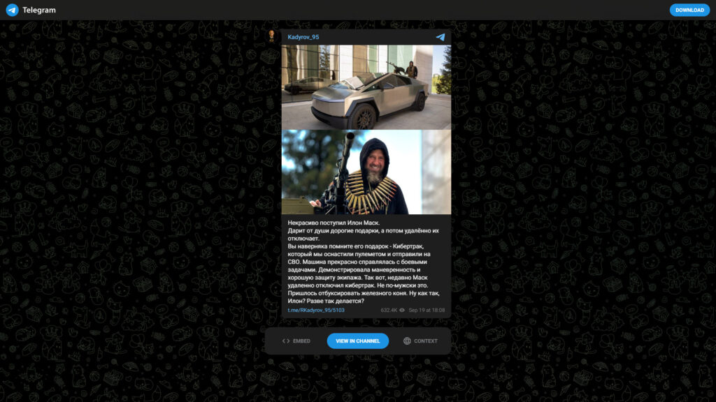 Ramzan Kadyrov se plaint sur Telegram pour son Cybertruck // Source : Capture Telegram Ramzan Kadyrov se plaint sur Telegram pour son Cybertruck // Source : Capture Telegram