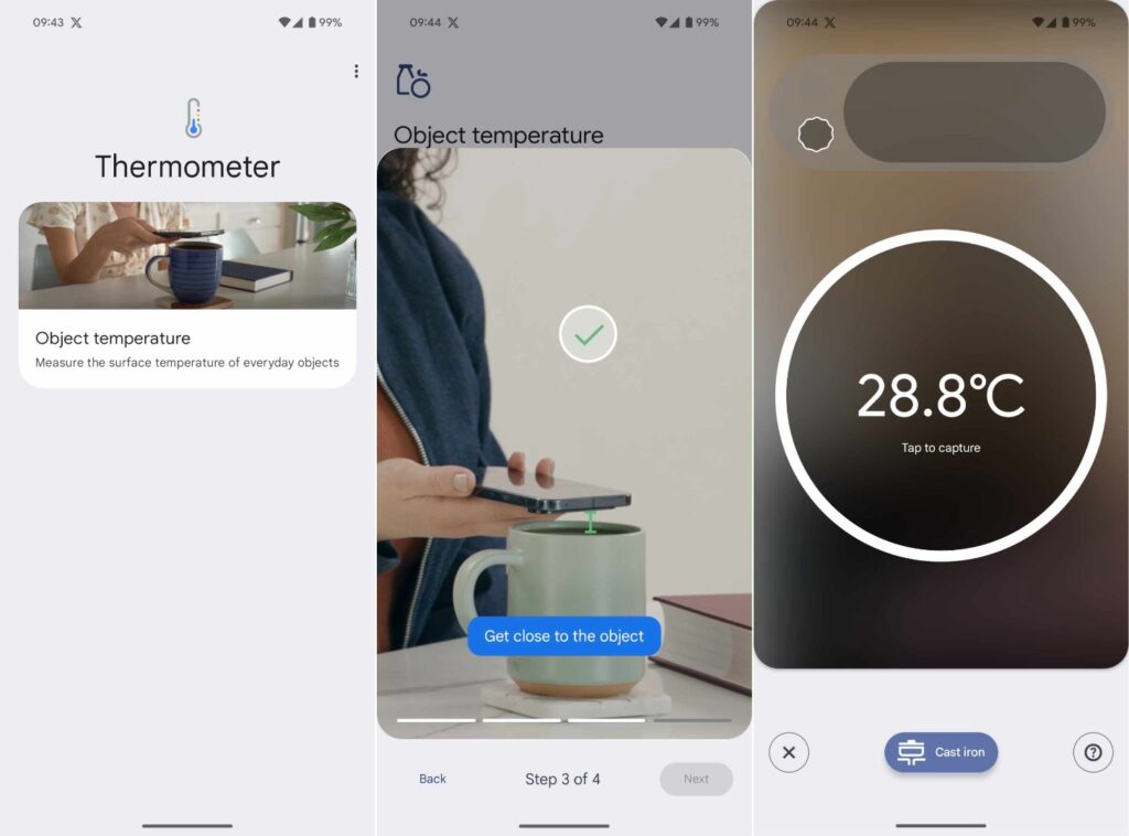 L'interface du Pixel Thermometer sur un Pixel 9, avec l'emplacement du thermomètre affiché en haut de l'écran. L'interface du Pixel Thermometer sur un Pixel 9, avec l'emplacement du thermomètre affiché en haut de l'écran.