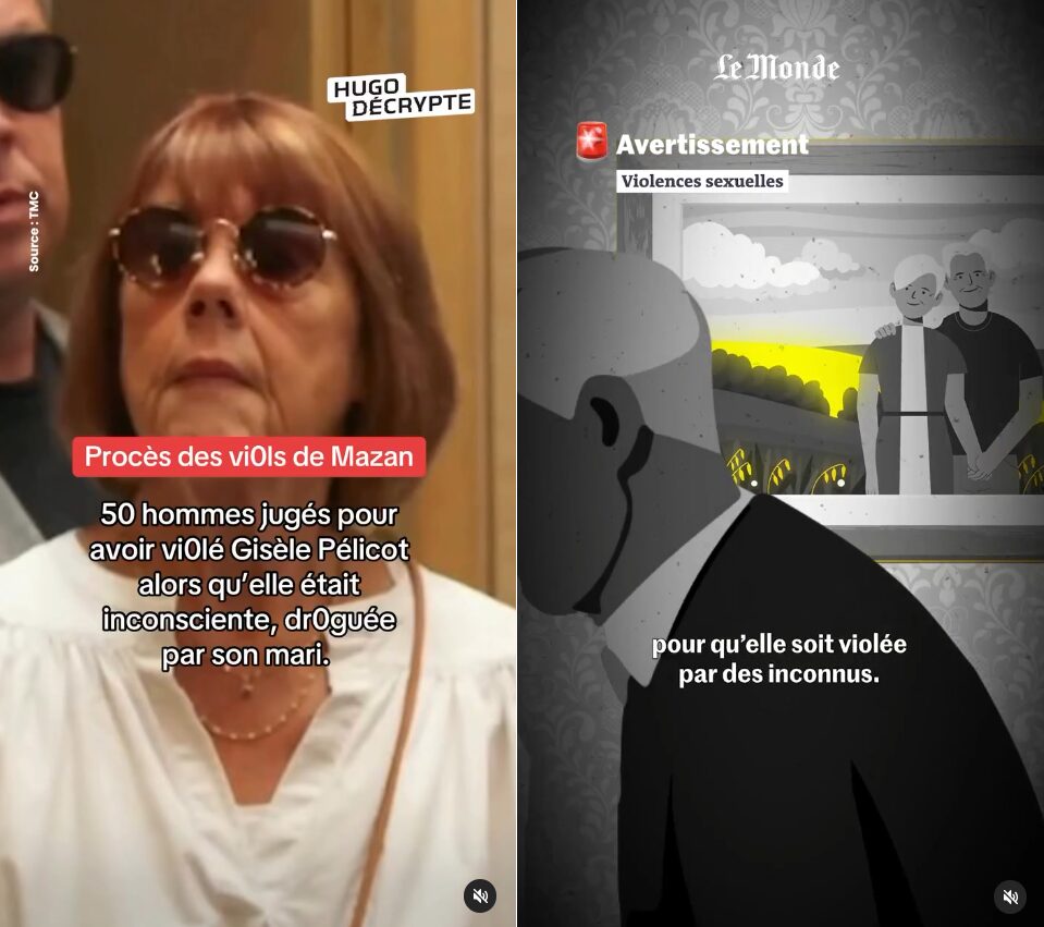 Certains médias (comme Hugo Décrypte, à gauche) masquent le mot viol pour traiter du procès sur les réseaux sociaux. Mais la majorité (ici Le Monde, mais c'est aussi le cas du Figaro, de Libération, du Parisien ou de Brut, pour en citer quelques-uns) utilise les termes appropriés. Certains médias (comme Hugo Décrypte, à gauche) masquent le mot viol pour traiter du procès sur les réseaux sociaux. Mais la majorité (ici Le Monde, mais c'est aussi le cas du Figaro, de Libération, du Parisien ou de Brut, pour en citer quelques-uns) utilise les termes appropriés.