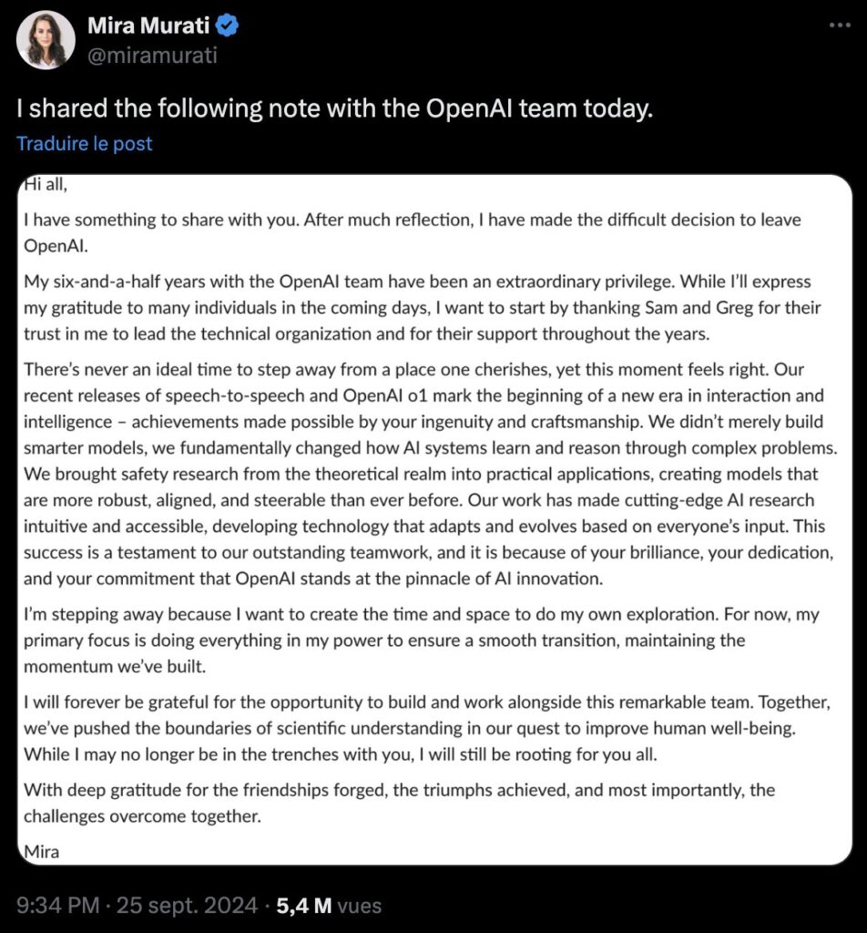 La lettre de démission de Mira Murati, publiée sur Twitter le 25 septembre. La lettre de démission de Mira Murati, publiée sur Twitter le 25 septembre.