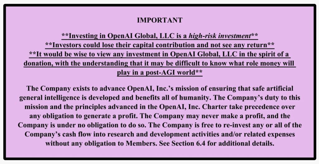Sur son site, OpenAI indique encore aujourd'hui aux investisseurs qu'ils doivent voir leurs investissements comme des dons. Ça ne va pas durer. Sur son site, OpenAI indique encore aujourd'hui aux investisseurs qu'ils doivent voir leurs investissements comme des dons. Ça ne va pas durer.