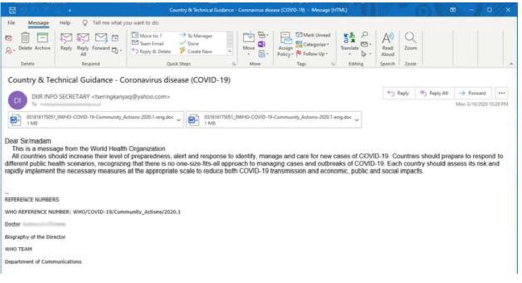 Les pirates chinois profitent de évènements internationaux pour piéger leur cible, comme ici un mail envoyé sur le thème du COVID. // Source : Proofpoint Les pirates chinois profitent de évènements internationaux pour piéger leur cible, comme ici un mail envoyé sur le thème du COVID. // Source : Proofpoint