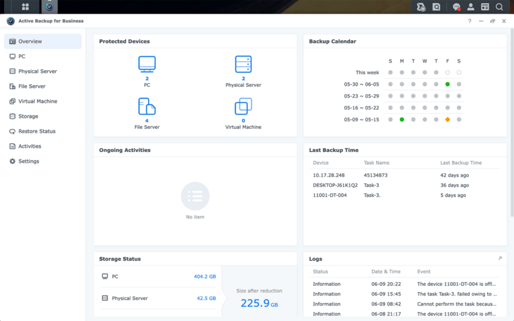 Une interface simple et claire pour gérer tous vos backups // Source : Synology Une interface simple et claire pour gérer tous vos backups // Source : Synology