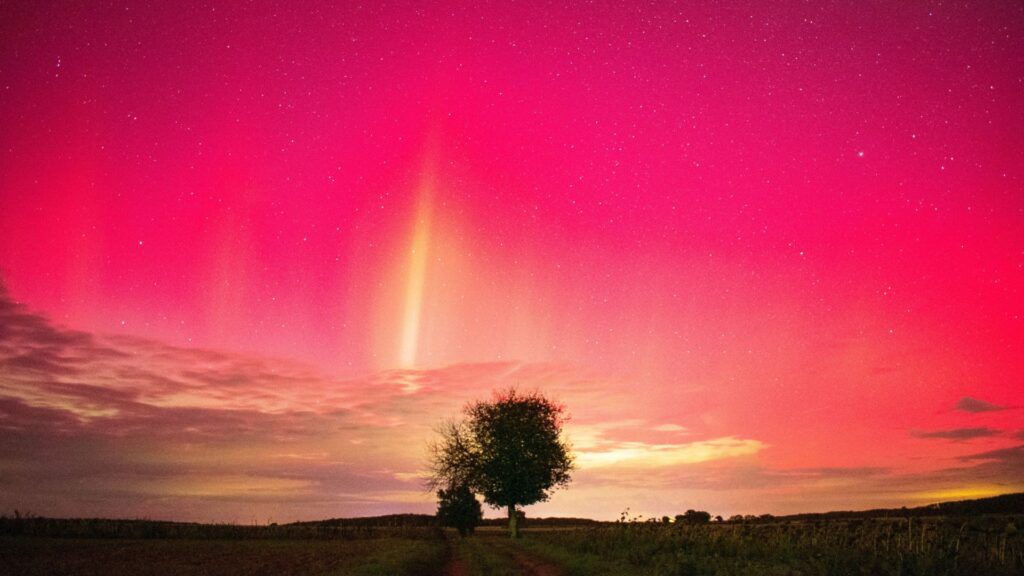 Les aurores dansent dans le ciel de l'Indre. // Source : Via X @FloC36 (photo recadrée) Les aurores dansent dans le ciel de l'Indre. // Source : Via X @FloC36 (photo recadrée)