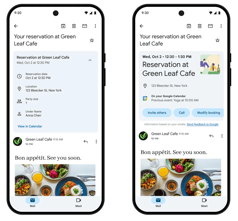 Vous pouvez gérer une réservation pour un restaurant directement dans Gmail // Source : Google Vous pouvez gérer une réservation pour un restaurant directement dans Gmail // Source : Google