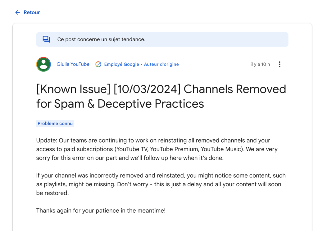 Le message de YouTube sur le support de Google // Source : YouTube Le message de YouTube sur le support de Google // Source : YouTube