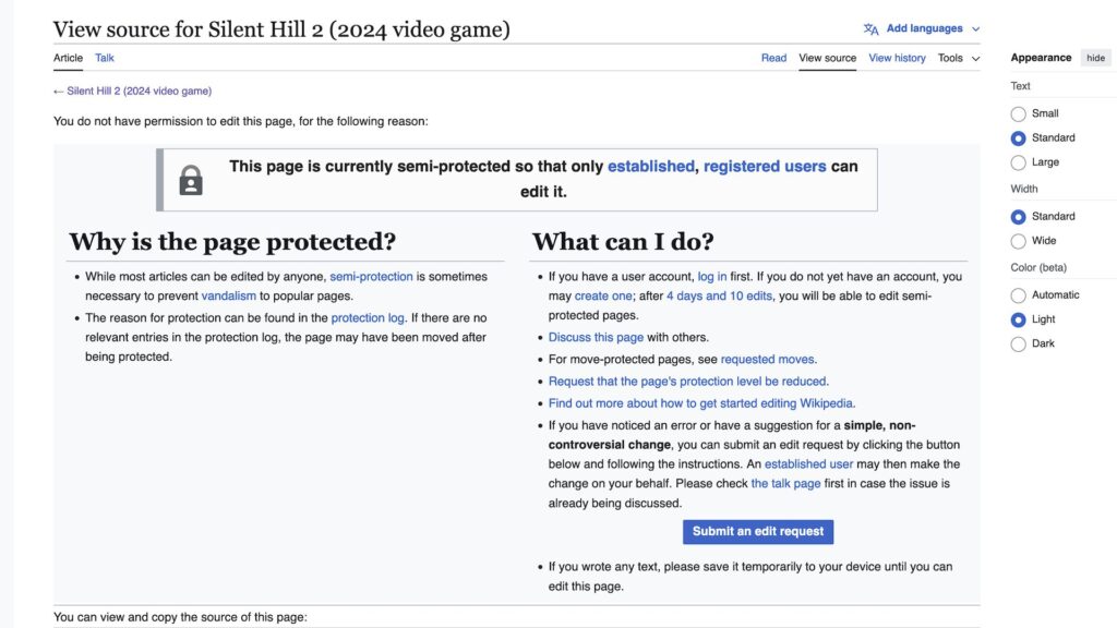 Page Wikipédia du remake de Silent Hill 2 // Source : Capture d'écran Page Wikipédia du remake de Silent Hill 2 // Source : Capture d'écran