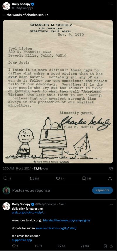 Une lettre de Charles Schulz à un fan en 1970 // Source : Daily Snoopy via X Une lettre de Charles Schulz à un fan en 1970 // Source : Daily Snoopy via X