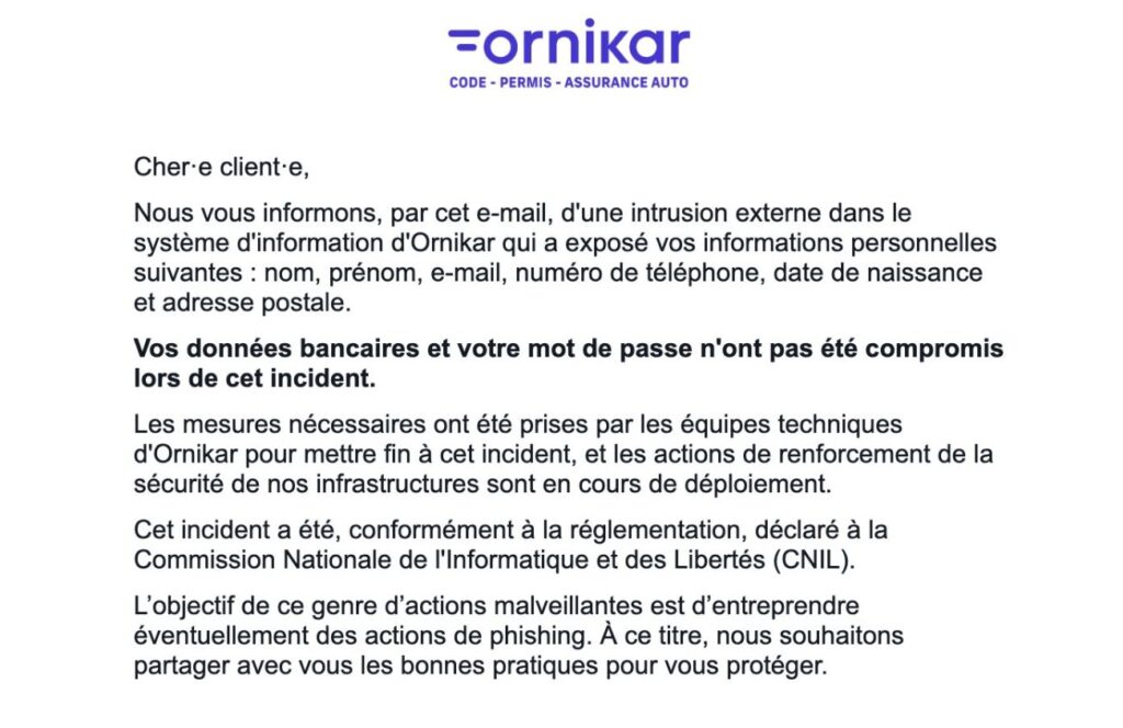 Le mail envoyé aux clients de Ornikar. // Source : Numerama Le mail envoyé aux clients de Ornikar. // Source : Numerama