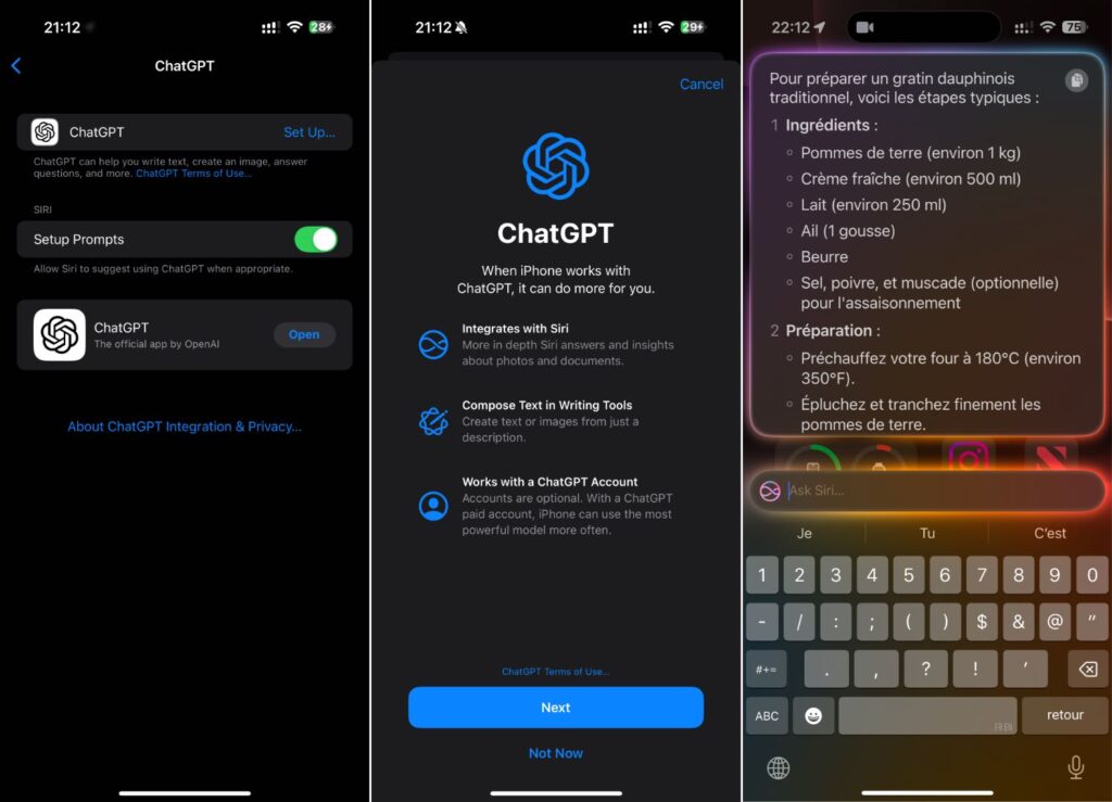 L'intégration de ChatGPT à iOS 18.2. ChatGPT peut d'ailleurs répondre en français. L'intégration de ChatGPT à iOS 18.2. ChatGPT peut d'ailleurs répondre en français.
