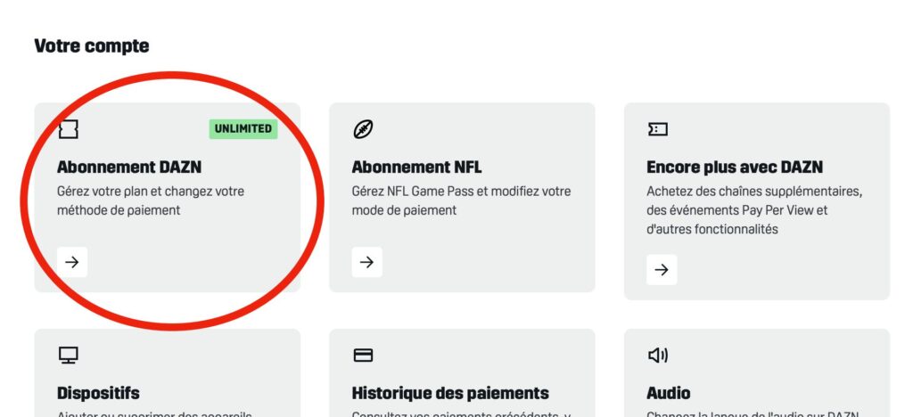 La gestion de l'abonnement se cache dans le sous-menu dédié sur DAZN. La gestion de l'abonnement se cache dans le sous-menu dédié sur DAZN.
