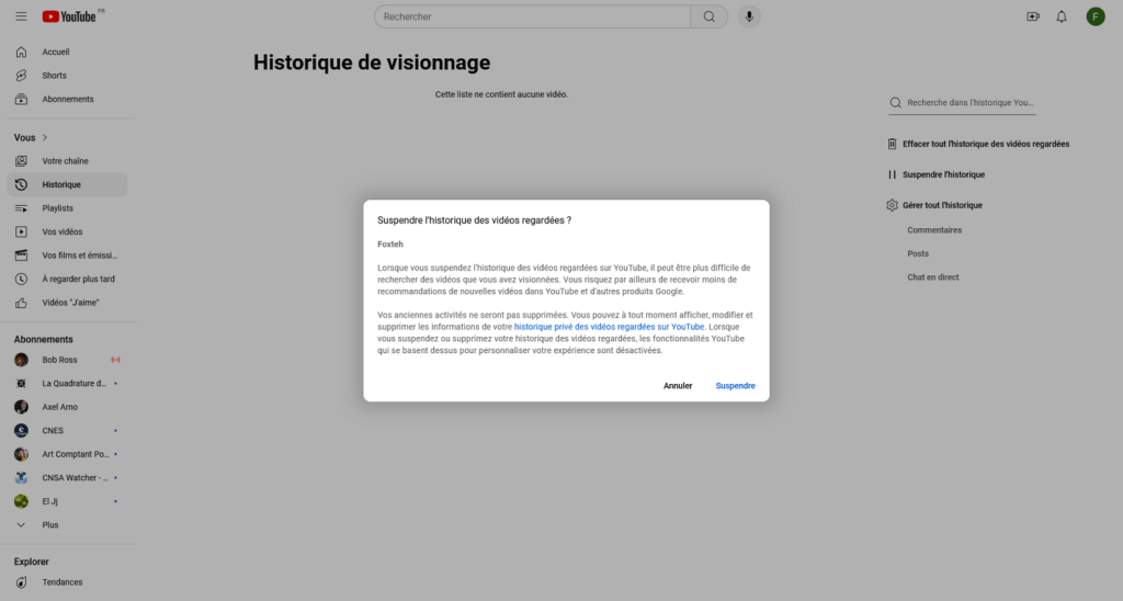 Désactiver l'historique de YouTube // Source : Capture d'écran Désactiver l'historique de YouTube // Source : Capture d'écran