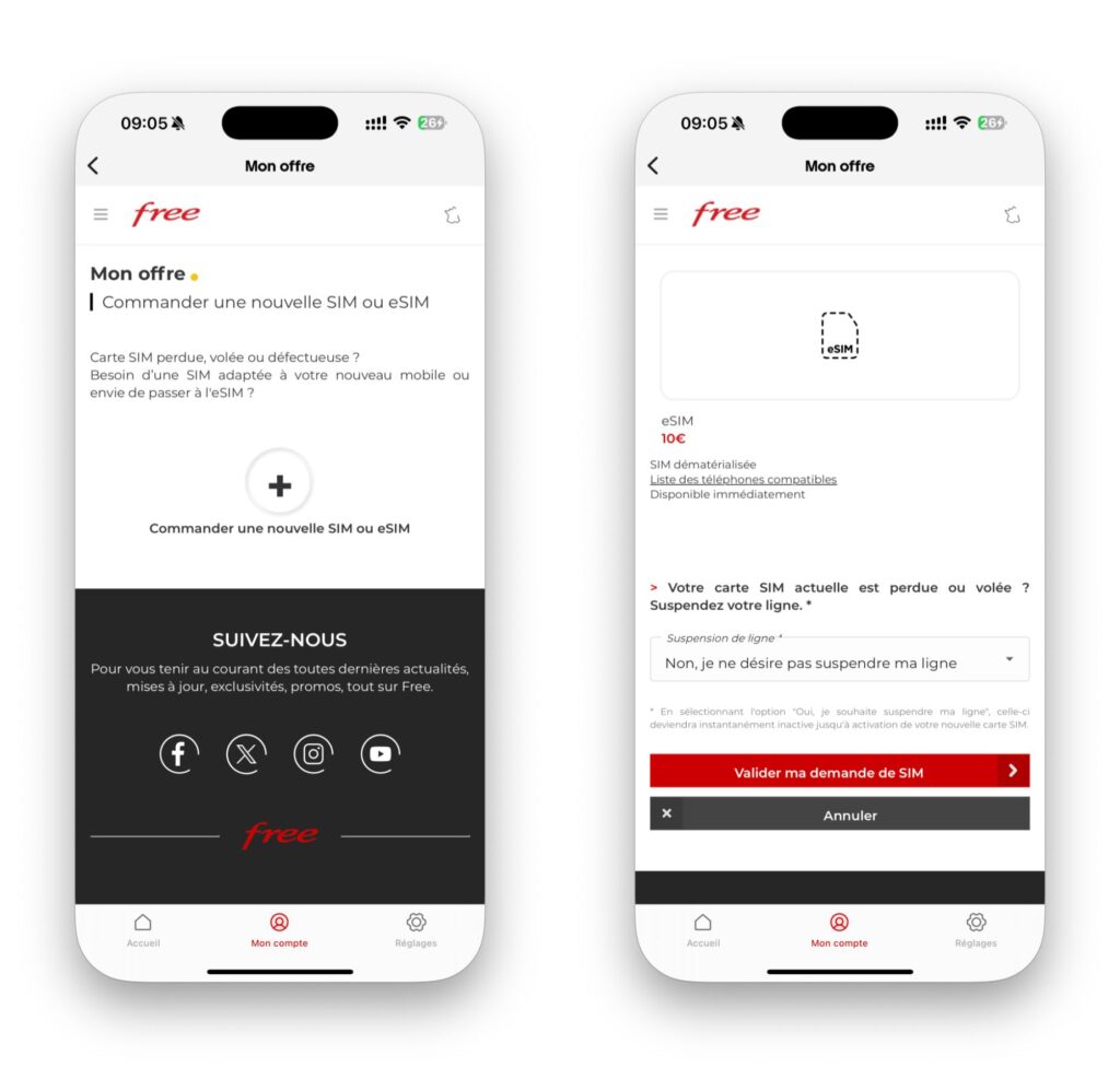 La commande d'une carte eSIM dans l'application iOS Free Mobile // Source : Numerama La commande d'une carte eSIM dans l'application iOS Free Mobile // Source : Numerama