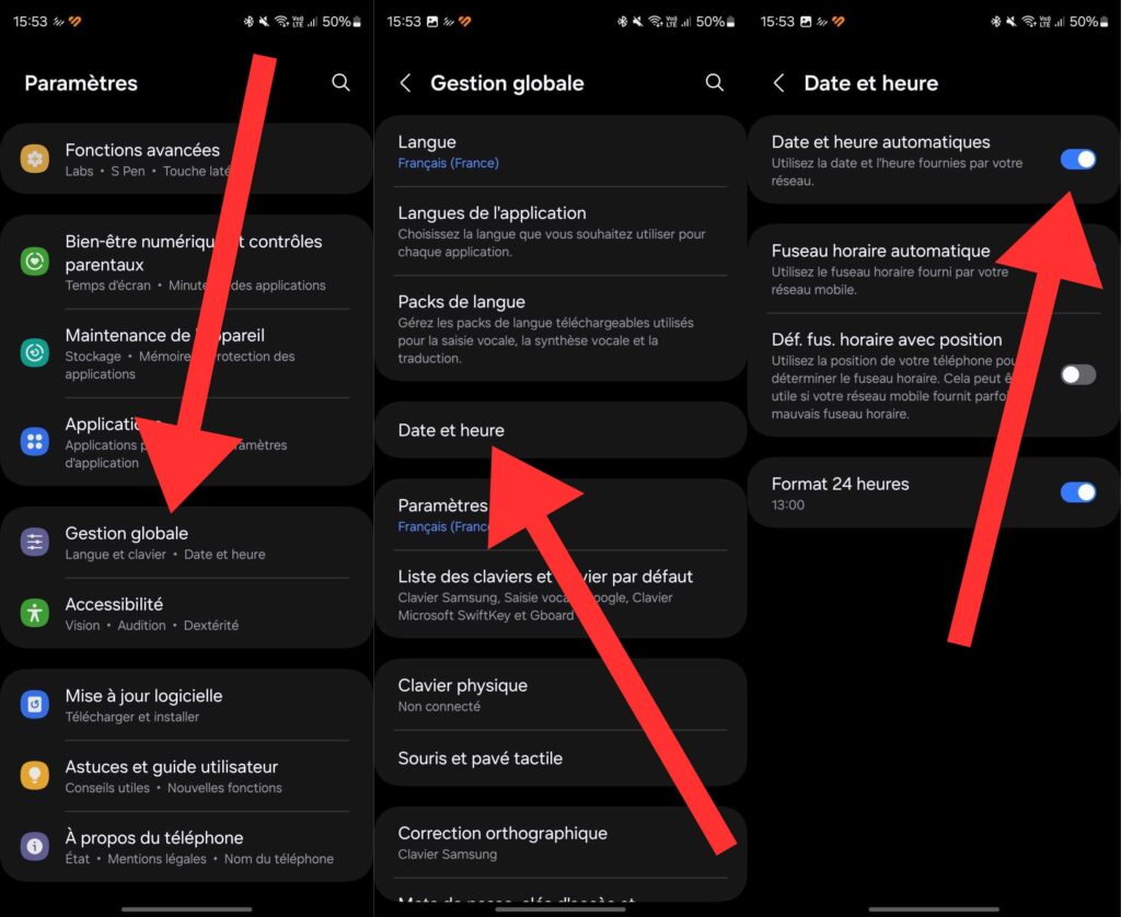 Le réglage de l'heure automatique sur Android // Source : Numerama Le réglage de l'heure automatique sur Android // Source : Numerama