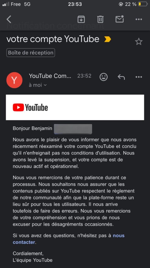 Le mail de YouTube prévenant les créateurs du rétablissement de leur chaîne // Source : Phenix via X Le mail de YouTube prévenant les créateurs du rétablissement de leur chaîne // Source : Phenix via X