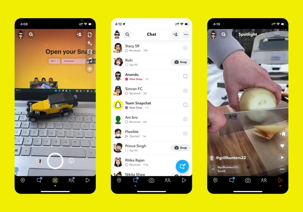 L'interface actuelle de Snapchat. À l'avenir, le flux vidéo Spotlight pourrait s'intégrer partout. L'interface actuelle de Snapchat. À l'avenir, le flux vidéo Spotlight pourrait s'intégrer partout.