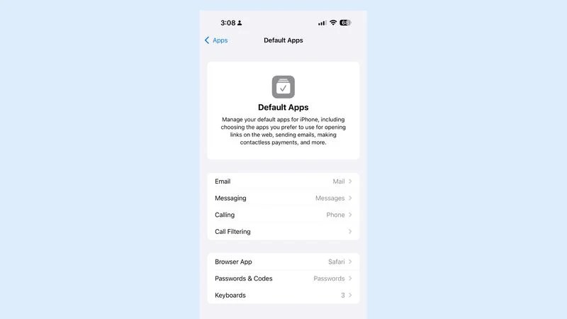 La configuration d'applications par défaut dans iOS 18.2 // Source : MacRumors La configuration d'applications par défaut dans iOS 18.2 // Source : MacRumors