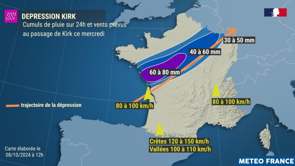 Les prévisions pluies et vents en France pour le mercredi 9 octobre 2024. // Source : Météo France Les prévisions pluies et vents en France pour le mercredi 9 octobre 2024. // Source : Météo France