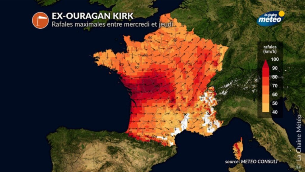 Trajectoire prévisionnelle de l'ouragan Kirk à partir du 9 octobre 2024. // Source : La Chaîne Météo / Meteo Consult Trajectoire prévisionnelle de l'ouragan Kirk à partir du 9 octobre 2024. // Source : La Chaîne Météo / Meteo Consult