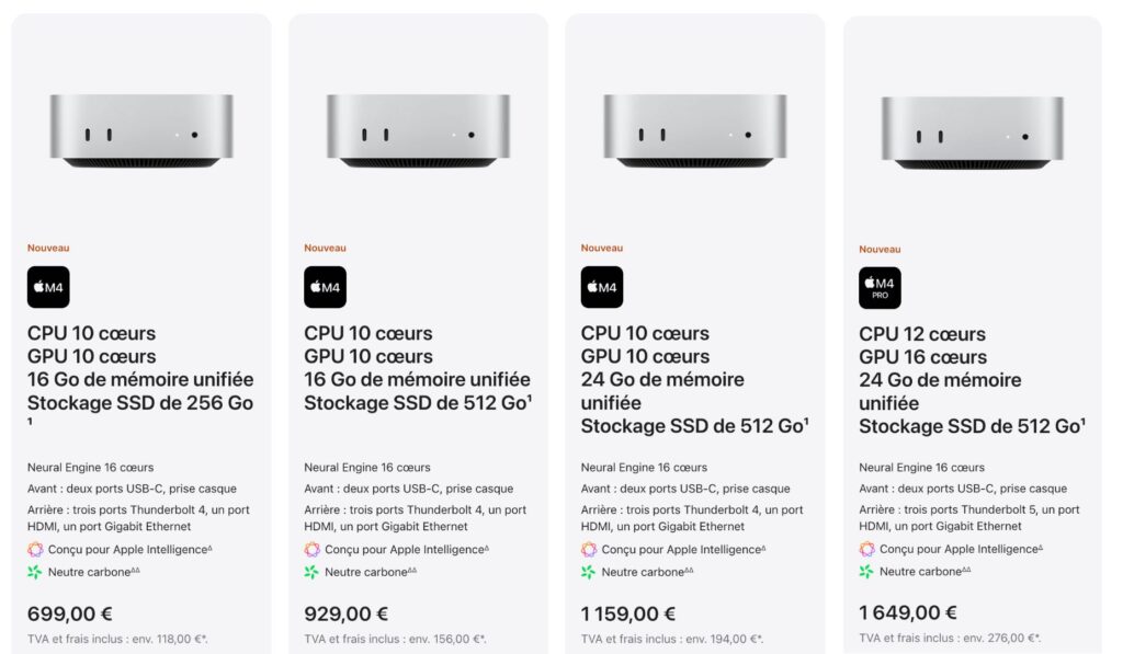 Les prix en euros du Mac mini 2024. Les prix en euros du Mac mini 2024.