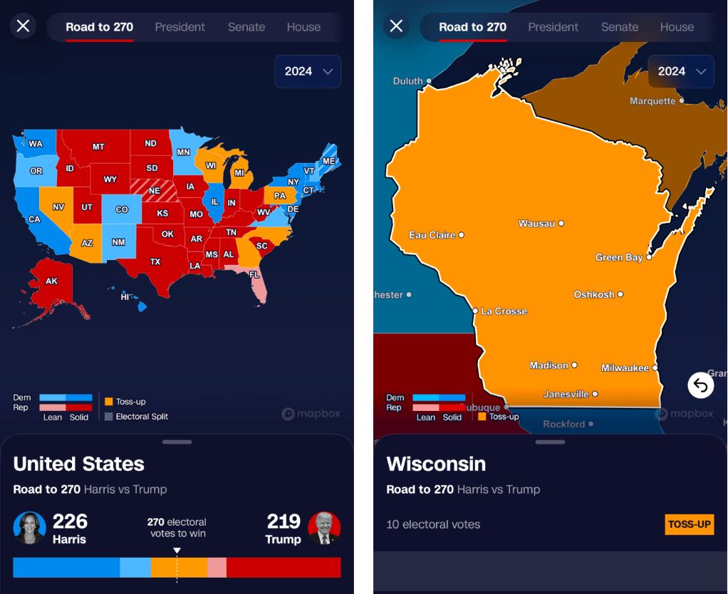 Le mur magique dans l'appli CNN. D'autres médias américains disposent d'un outil similaire. Le mur magique dans l'appli CNN. D'autres médias américains disposent d'un outil similaire.