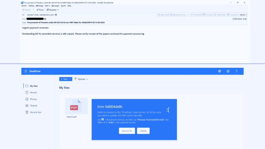 Un exemple de mail et faux assistant Windows développé par les cybercriminels. // Source : Vade Un exemple de mail et faux assistant Windows développé par les cybercriminels. // Source : Vade