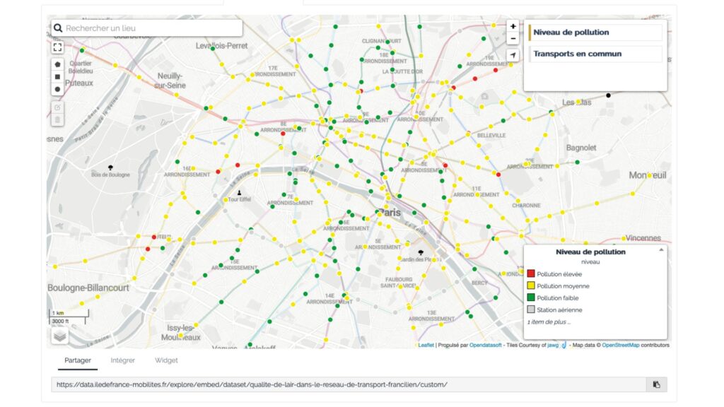 Carte de la qualité de l'air dans le métro parisien. // Source : Capture d'écran Île-de-France Mobilités