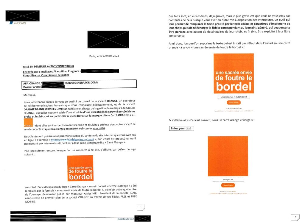 Extrait du courrier d'avocats envoyé par Orange à Xavier Niel. Extrait du courrier d'avocats envoyé par Orange à Xavier Niel.