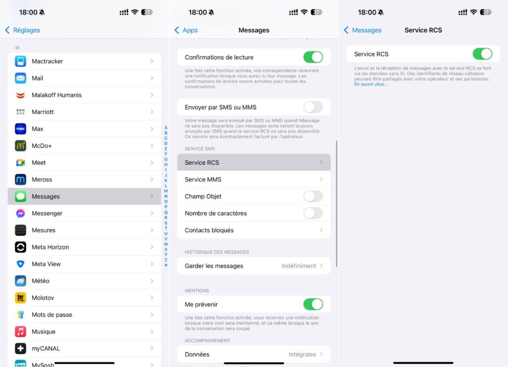 L'activation des RCS dans iOS 18. L'activation des RCS dans iOS 18.