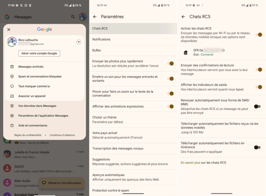 L'activation des RCS est automatique dans Google Messages. L'activation des RCS est automatique dans Google Messages.