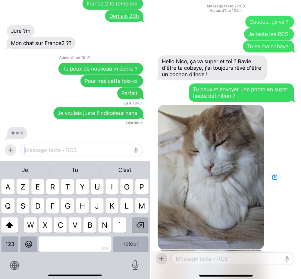 Les RCS sur iPhone, avec des photos de 100 Mo, des indicateurs de frappe et des accusés de réception. Les RCS sur iPhone, avec des photos de 100 Mo, des indicateurs de frappe et des accusés de réception.