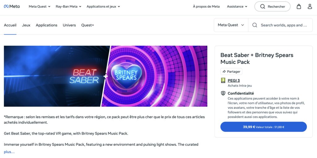 Sur le Horizon Store, Meta commercialise un pack avec le jeu et Britney Spears. Sur le Horizon Store, Meta commercialise un pack avec le jeu et Britney Spears.
