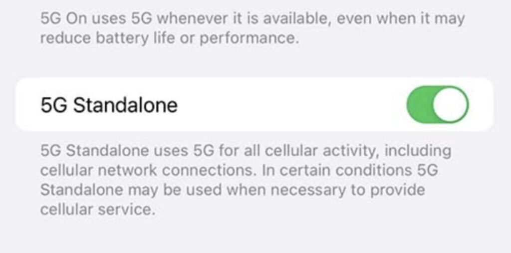 L'activation de la 5G SA dans les réglages d'un iPhone, avec un opérateur compatible (il n'y en a aucun en France aujourd'hui). // Source : Apple L'activation de la 5G SA dans les réglages d'un iPhone, avec un opérateur compatible (il n'y en a aucun en France aujourd'hui). // Source : Apple