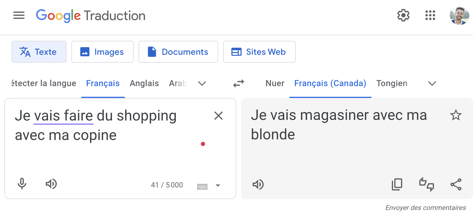 L'interface de Google Traduction avec le mode québécois. L'interface de Google Traduction avec le mode québécois.