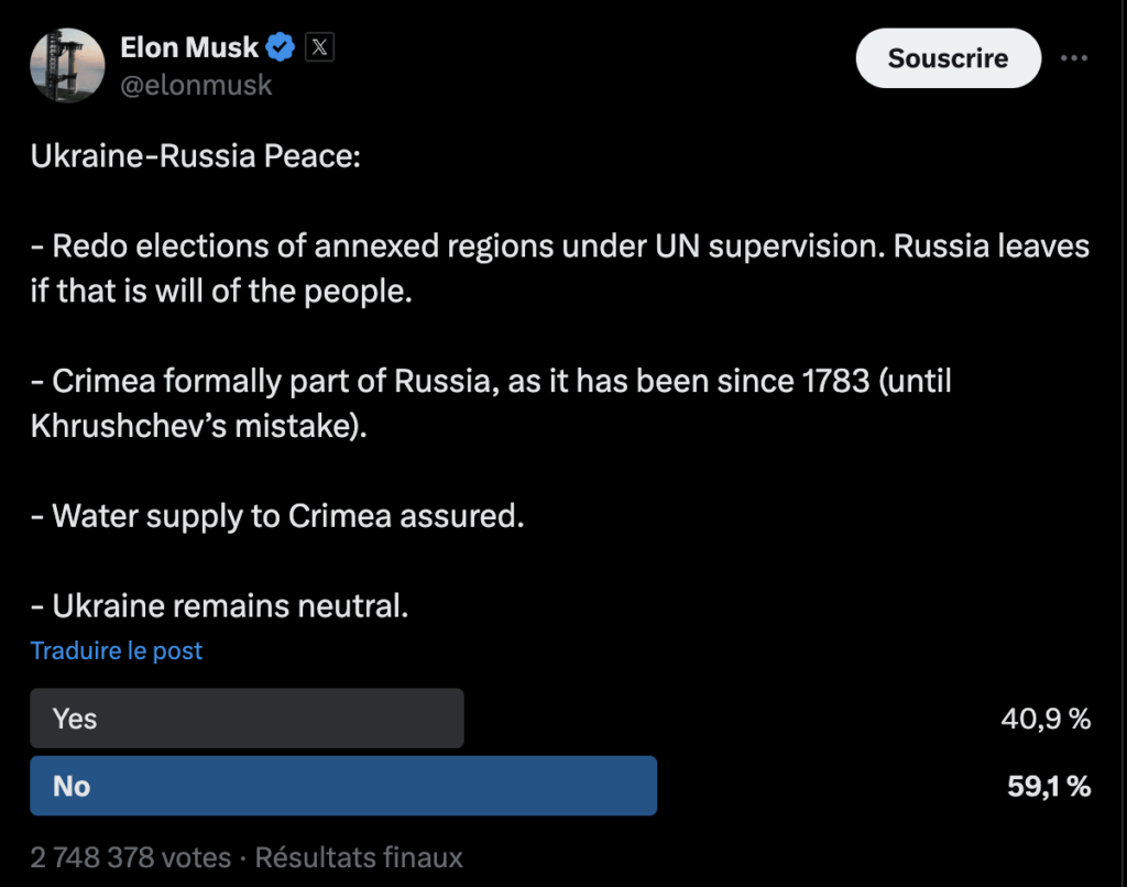 Elon Musk a un plan pour la paix en Ukraine : donner du territoire à la Russie. // Source : X Elon Musk a un plan pour la paix en Ukraine : donner du territoire à la Russie. // Source : X
