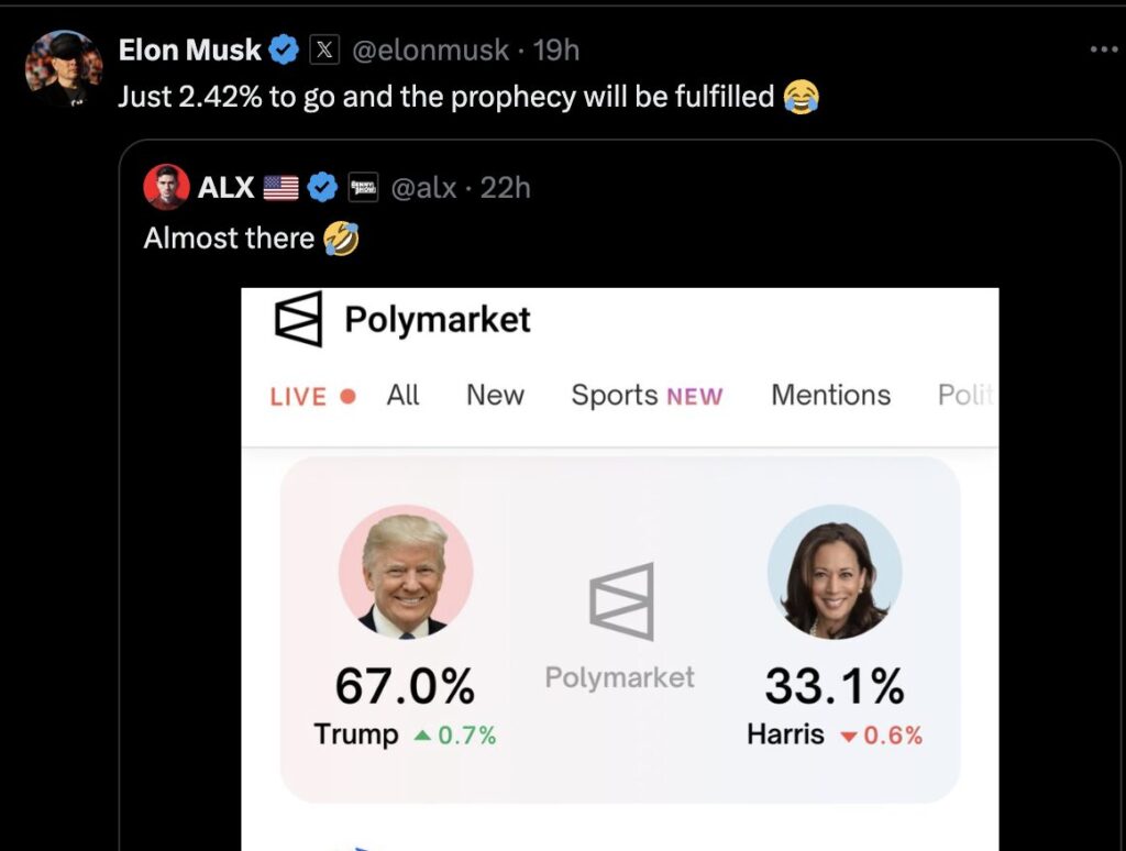 Elon Musk encourage ses fans à investir pour atteindre les 69,42 % de probabilité (69 pour la position sexuelle, 42 pour le sens de la vie). Elon Musk encourage ses fans à investir pour atteindre les 69,42 % de probabilité (69 pour la position sexuelle, 42 pour le sens de la vie).