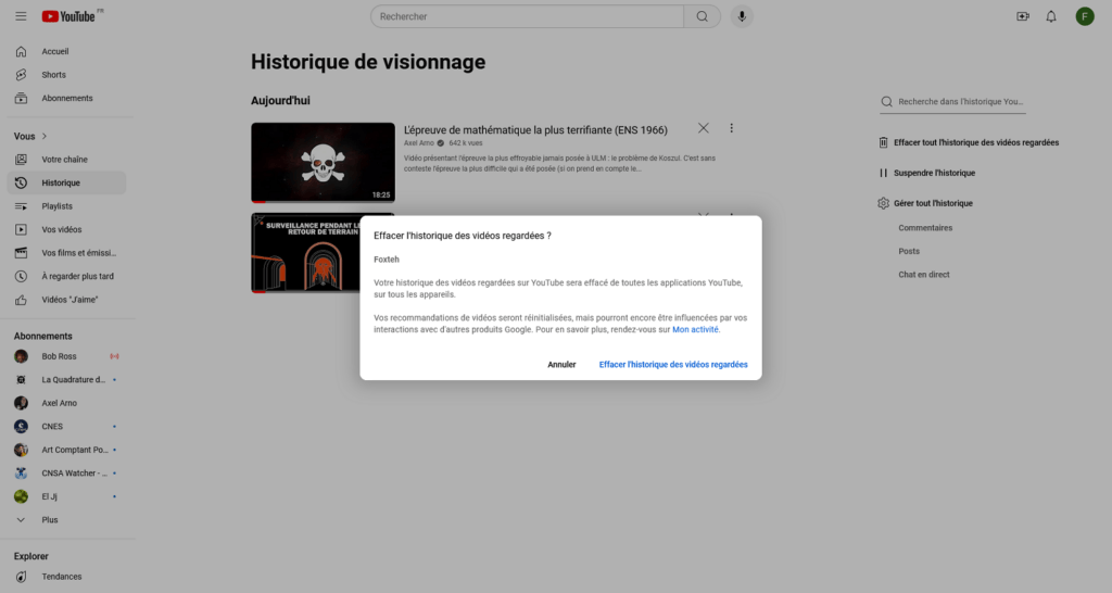 La procédure pour supprimer totalement l'historique YouTube. // Source : Capture d'écran La procédure pour supprimer totalement l'historique YouTube. // Source : Capture d'écran