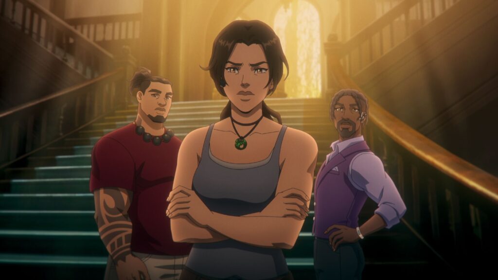 Lara Croft avec Jonah et Zip, dans la série animée. // Source : Netflix Lara Croft avec Jonah et Zip, dans la série animée. // Source : Netflix