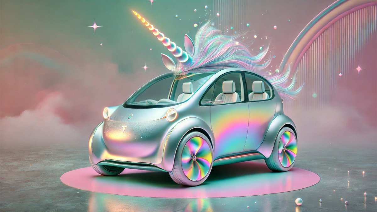 Une voiture électrique licorne générée par IA // Source : Dall-e Une voiture électrique licorne générée par IA // Source : Dall-e