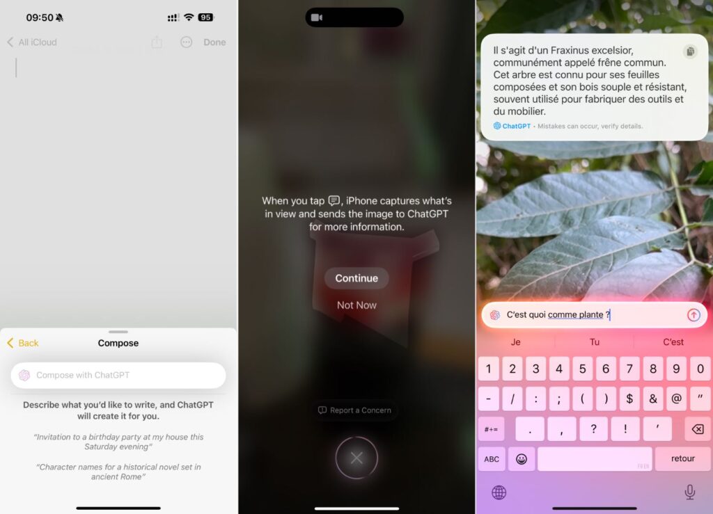 L'intégration de ChatGPT à iOS 18.2, ici avec le menu Compose et Visual Intelligence. // Source : Numerama L'intégration de ChatGPT à iOS 18.2, ici avec le menu Compose et Visual Intelligence. // Source : Numerama