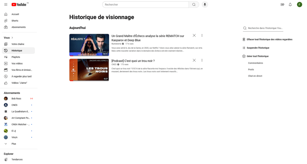 Un exemple d'historique YouTube. // Source : Capture d'écran Un exemple d'historique YouTube. // Source : Capture d'écran