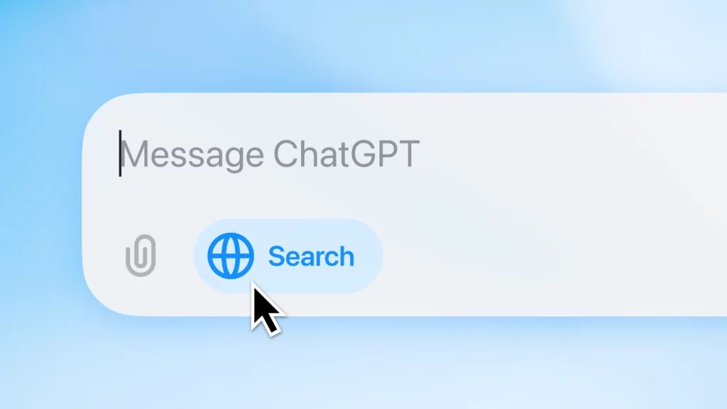 Ce nouveau bouton permet de lancer une recherche depuis le web sur ChatGPT. // Source : OpenAI Ce nouveau bouton permet de lancer une recherche depuis le web sur ChatGPT. // Source : OpenAI