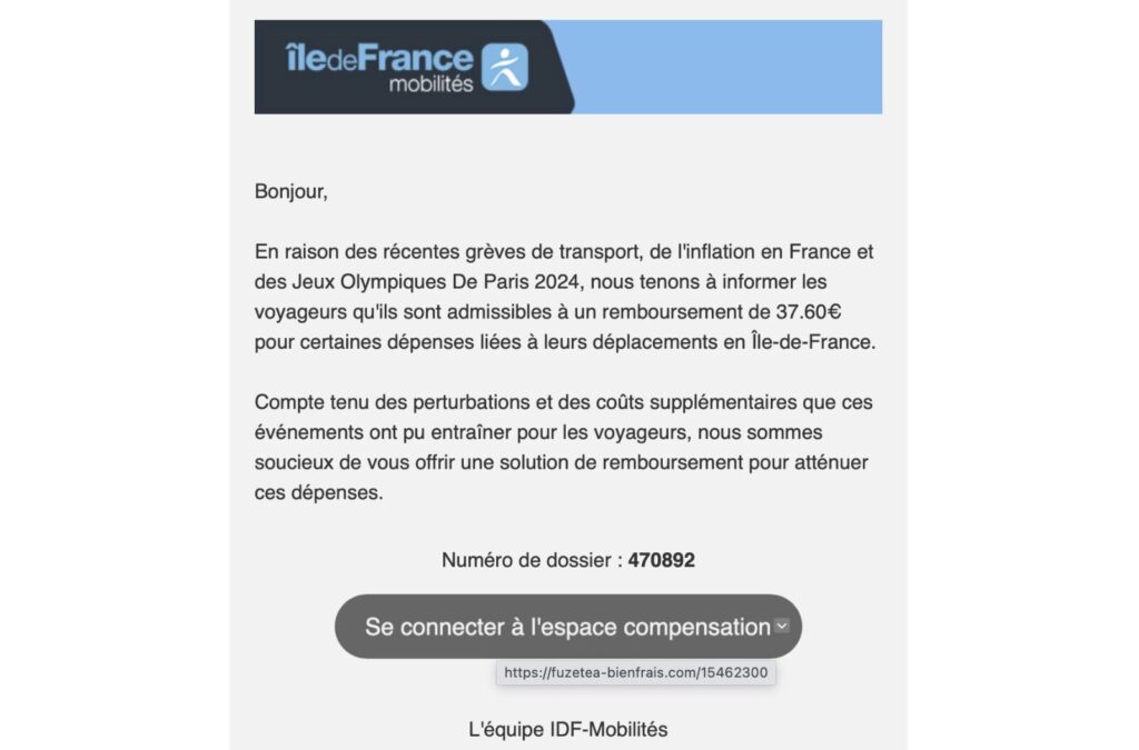 Le faux mail d' Île-de-France Mobilités. // Source : Alexandre Lenoir Le faux mail d' Île-de-France Mobilités. // Source : Alexandre Lenoir