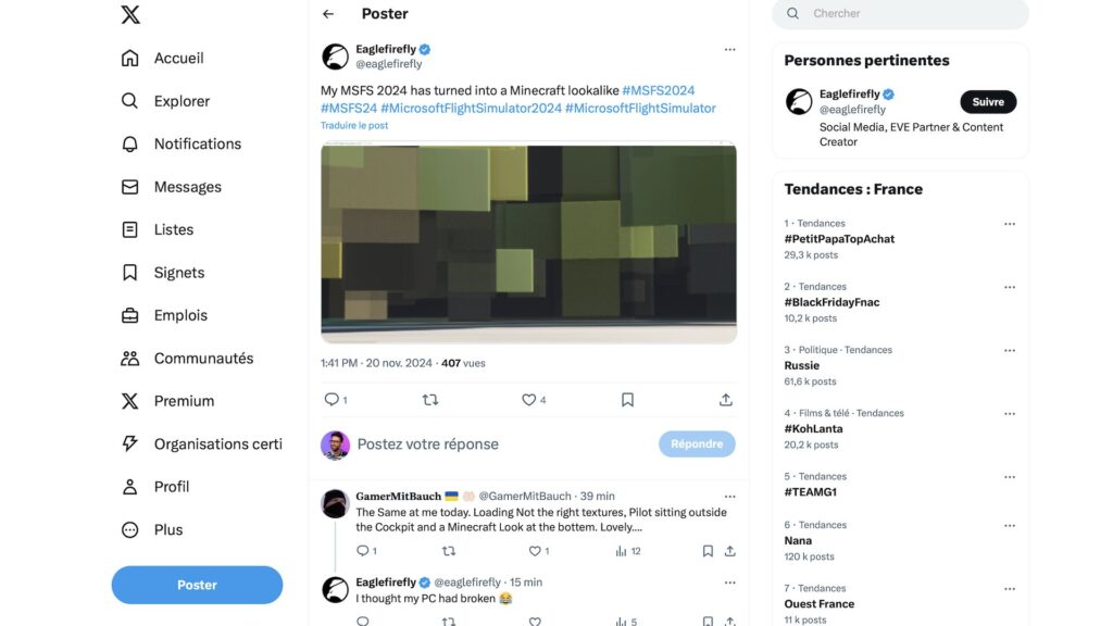 Un lancement compliqué pour Microsoft Flight Simulator 2024 // Source : Capture Twitter Un lancement compliqué pour Microsoft Flight Simulator 2024 // Source : Capture Twitter