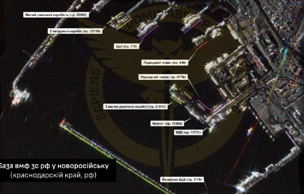 Une image prises par satellite d'un port de la Marine russe. // Source : Renseignement ukrainien Une image prises par satellite d'un port de la Marine russe. // Source : Renseignement ukrainien