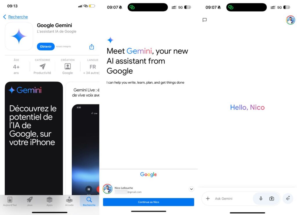 L'interface de Google Gemini à la première ouverture, avec un accès direct au chatbot. L'interface de Google Gemini à la première ouverture, avec un accès direct au chatbot.