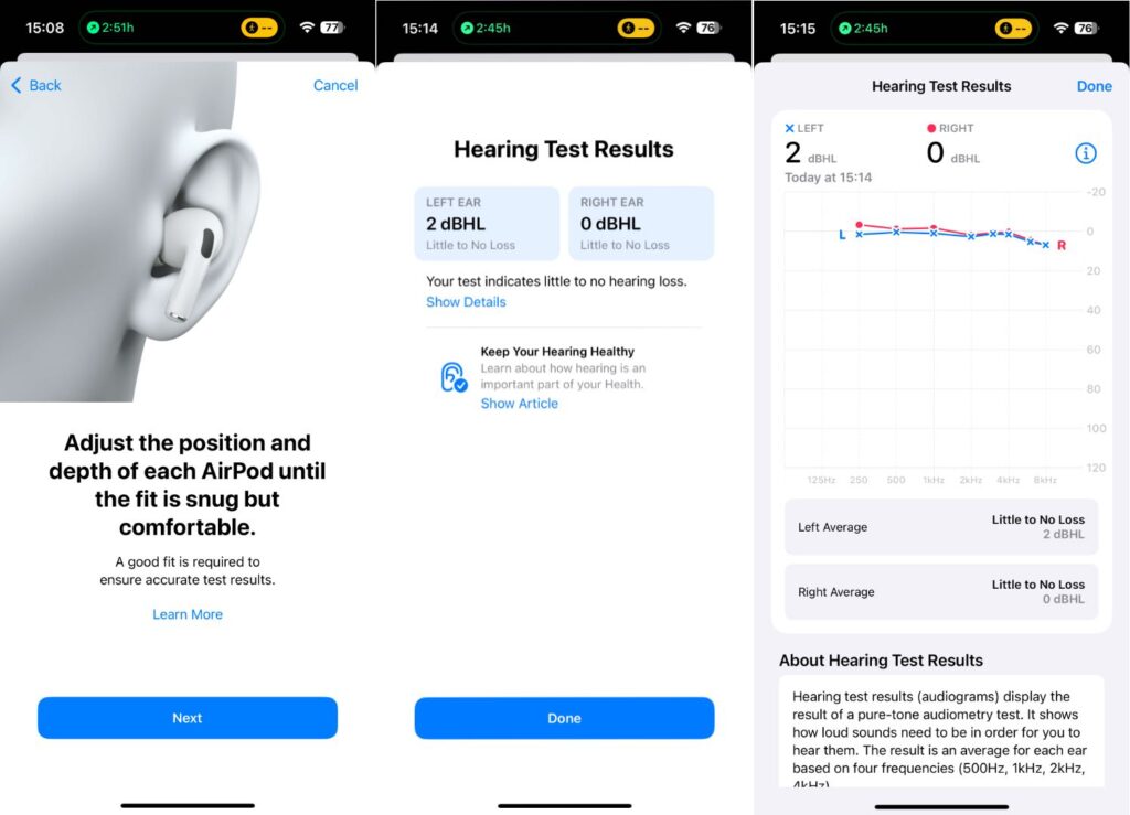 L'interface du test auditif d'Apple. Les résultats apparaissent ensuite dans l'application Santé. L'interface du test auditif d'Apple. Les résultats apparaissent ensuite dans l'application Santé.