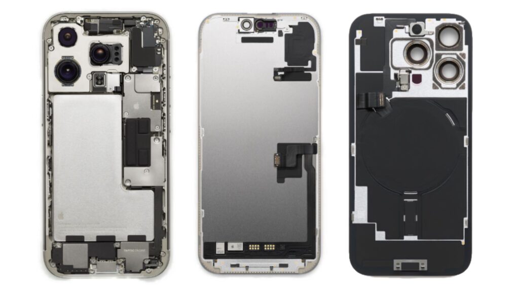 Un iPhone 16 Pro démembré. On peut notamment apercevoir les couches de graphène et la batterie recouverte de métal, qui est exclusive à ce modèle. Un iPhone 16 Pro démembré. On peut notamment apercevoir les couches de graphène et la batterie recouverte de métal, qui est exclusive à ce modèle.