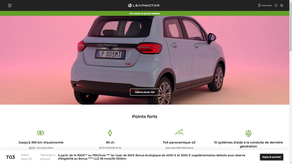 Le site Leapmotor qui mentionne toujours le mauvais prix // Source : Capture leapmotor.net Le site Leapmotor qui mentionne toujours le mauvais prix // Source : Capture leapmotor.net